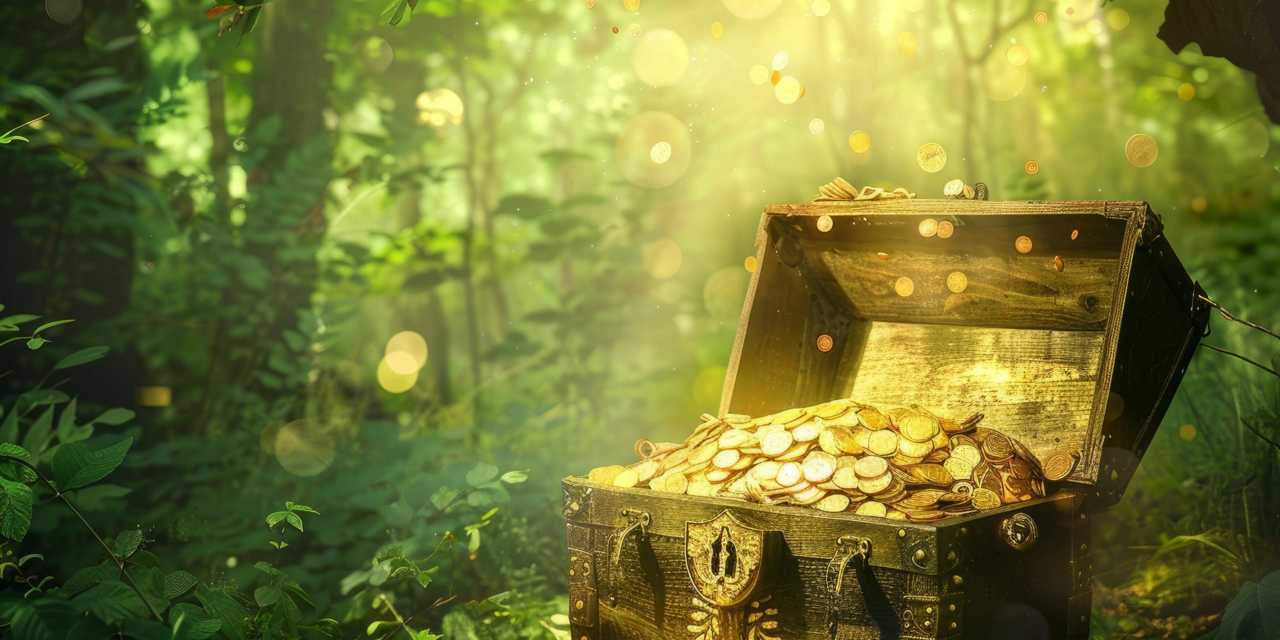 A mystical scene depicting an open treasure chest overflowing with gold coins in a sunlit, enchanted forest setting.