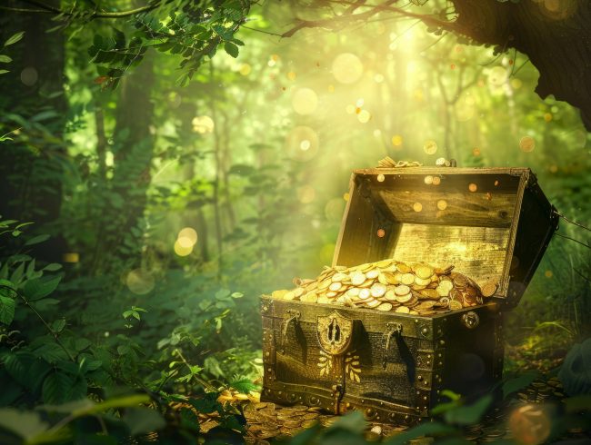 A mystical scene depicting an open treasure chest overflowing with gold coins in a sunlit, enchanted forest setting.