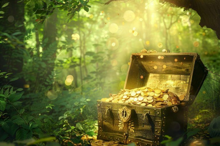 A mystical scene depicting an open treasure chest overflowing with gold coins in a sunlit, enchanted forest setting.